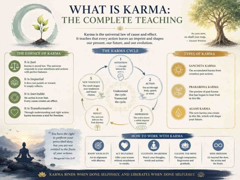 A calming infographic titled “What Is Karma: The Complete Teaching” featuring a nature-inspired design with soft earthy tones, symbolic illustrations, and circular diagrams explaining the karma cycle. The image explores the essence of karma, its different types, and practical ways to work with karma through awareness, selfless action, and spiritual growth.