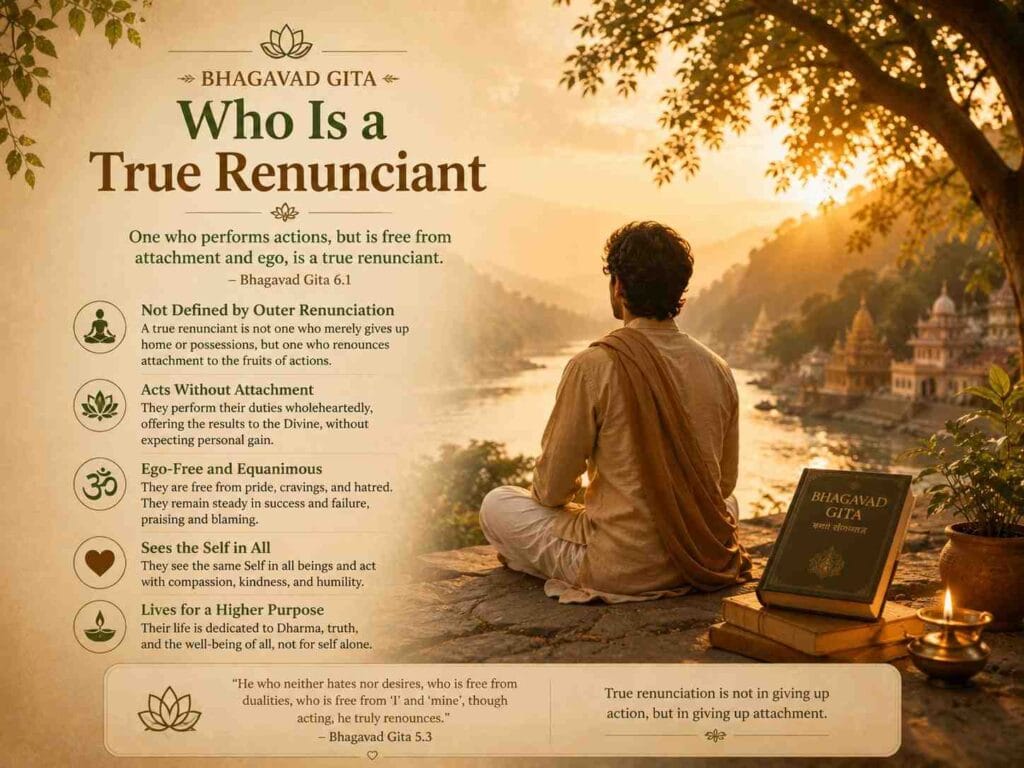 A serene Bhagavad Gita-inspired illustration of a contemplative seeker sitting beside a sacred river at sunrise, reflecting on renunciation and inner freedom. The image includes warm golden tones, spiritual symbols, and teachings about selfless action and freedom from attachment.