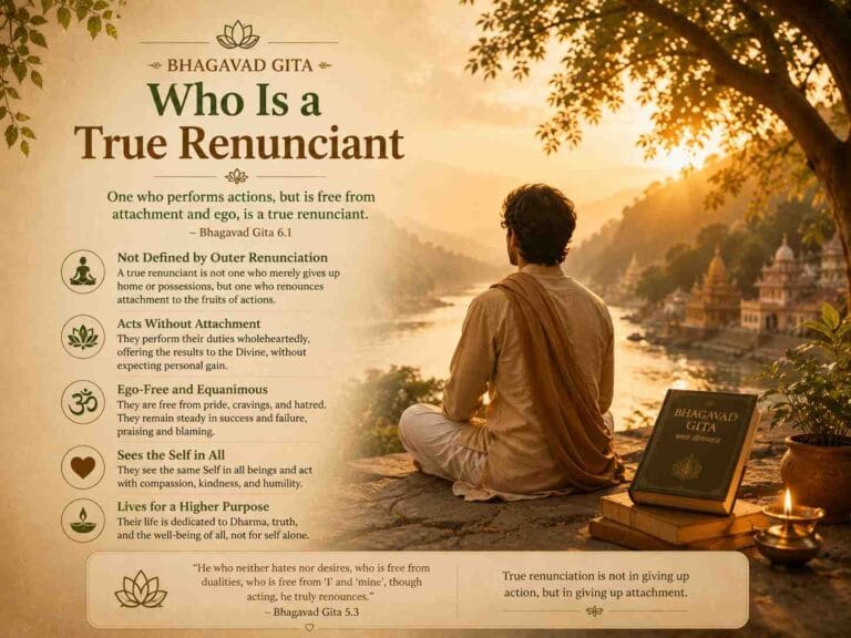 A serene Bhagavad Gita-inspired illustration of a contemplative seeker sitting beside a sacred river at sunrise, reflecting on renunciation and inner freedom. The image includes warm golden tones, spiritual symbols, and teachings about selfless action and freedom from attachment.
