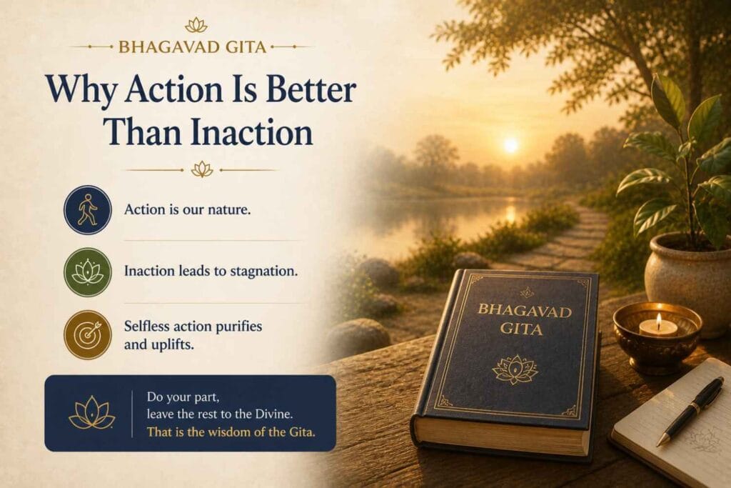 A warm, minimal Bhagavad Gita–inspired poster showing a sacred book placed near a river at sunrise, with a few simple points highlighting the importance of action over inaction.