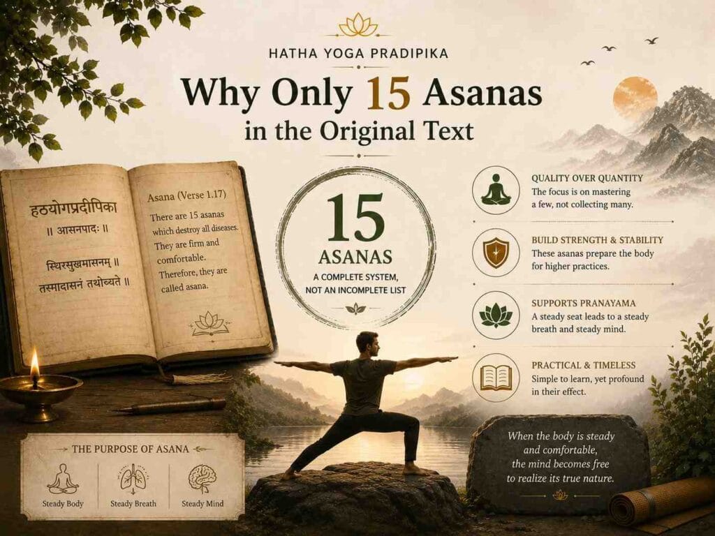 A warm-toned Hatha Yoga Pradipika infographic featuring a person practicing Warrior II pose beside a calm lake, with ancient scripture imagery and minimal design elements explaining why only 15 asanas were emphasized in the original text.